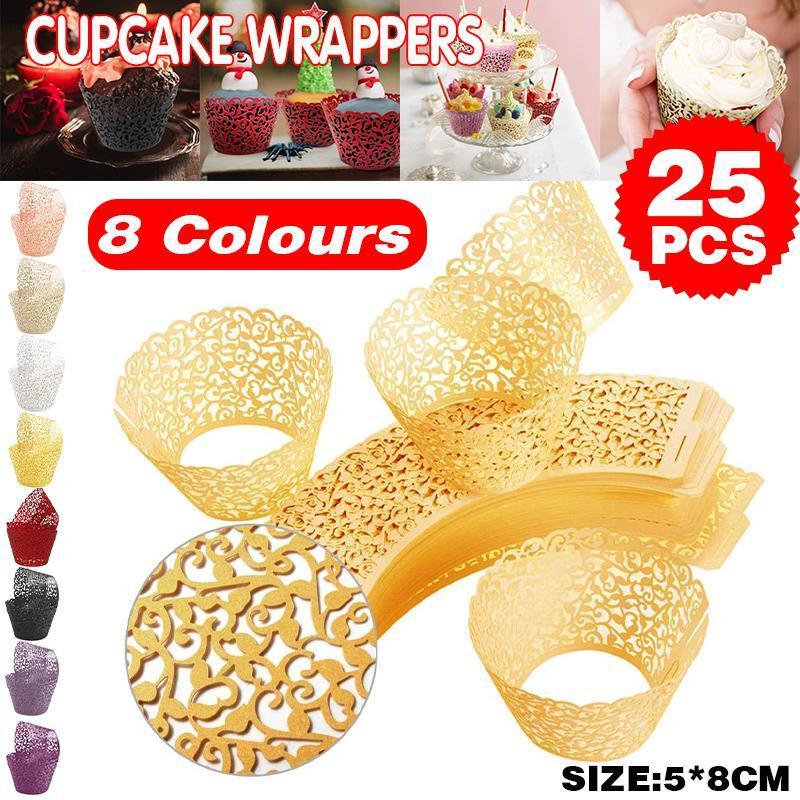Bakeware & Accessories: 25pcs Laser Cut Cupcake Wrappers Wedding Party Baking Decorations in 8 Colours - Black