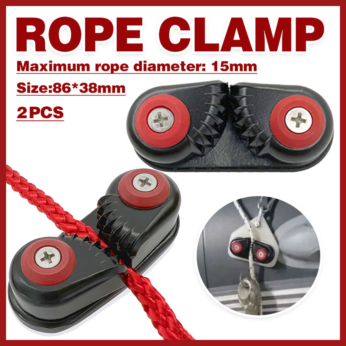 Boating Accessories: Rope Clamp Set 2PCS Aluminum Alloy Black Clip Plate Sailboat Kayak Canoe Outdoor