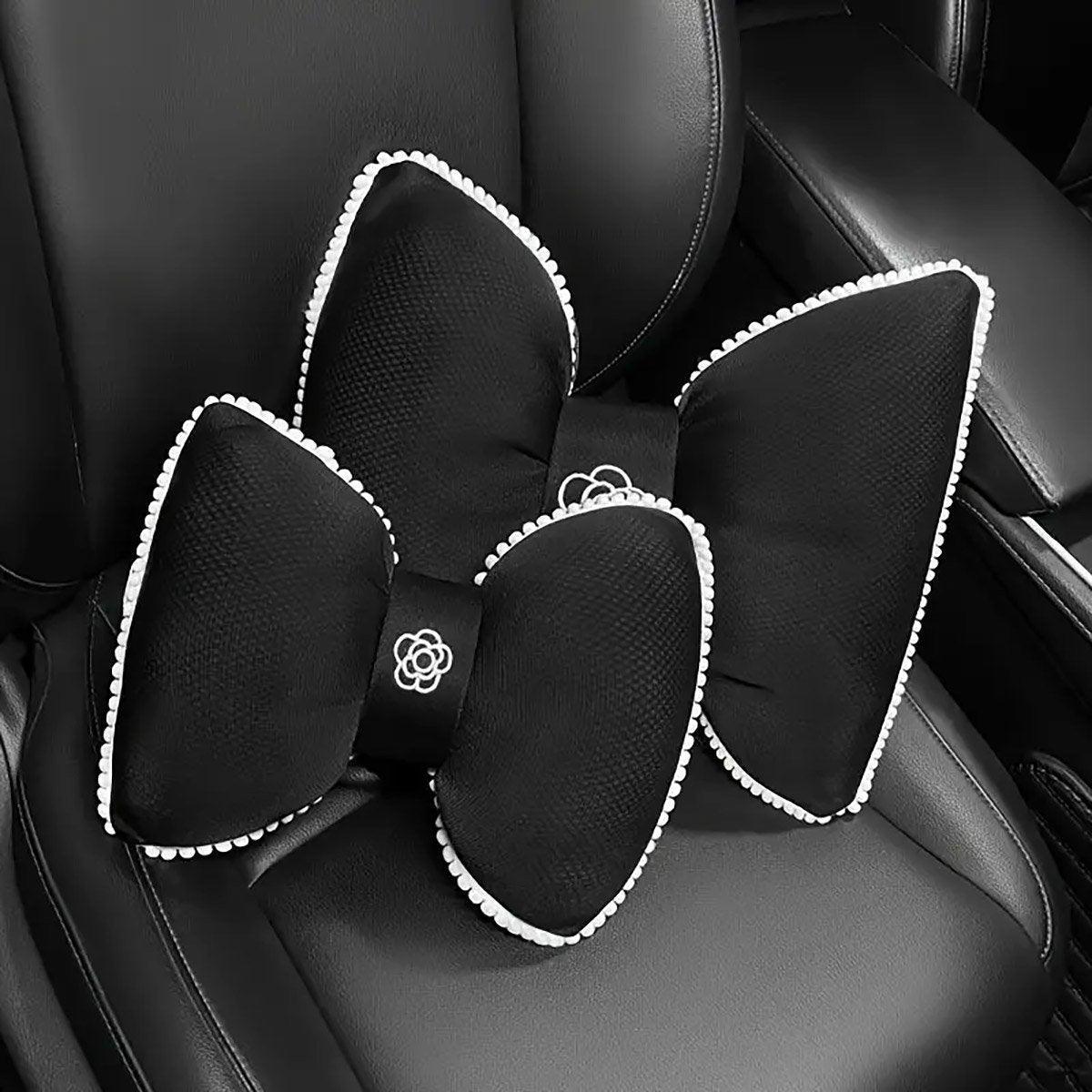 Automotive Parts: Black Bowknot Neck Pillow Plush Bow Tie Soft Plush Car Headrest Waist Support - Headrest