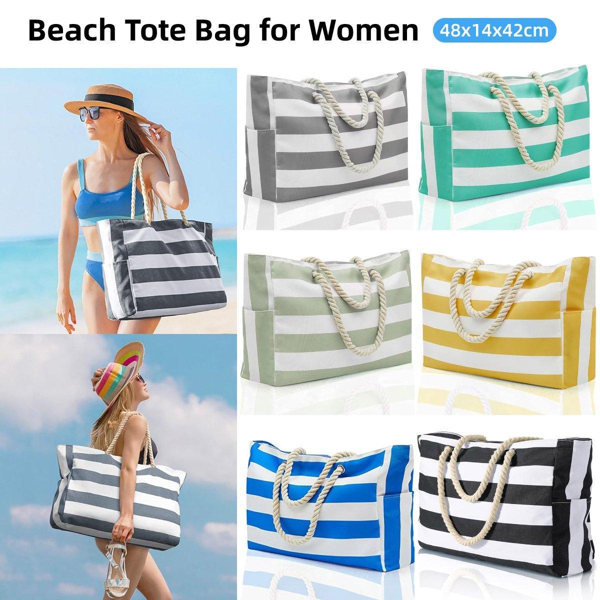 Gift Bags: Large Bohemian Striped Canvas Beach Bag Zipper Tote for Travel Outdoor Vacation - Grey