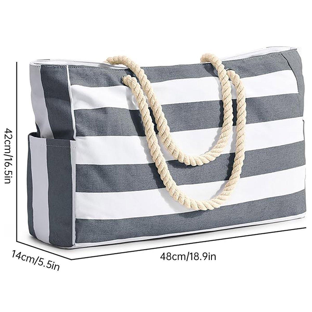 Gift Bags: Large Bohemian Striped Canvas Beach Bag Zipper Tote for Travel Outdoor Vacation - Grey
