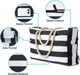 Gift Bags: Large Bohemian Striped Canvas Beach Bag Zipper Tote for Travel Outdoor Vacation - Grey