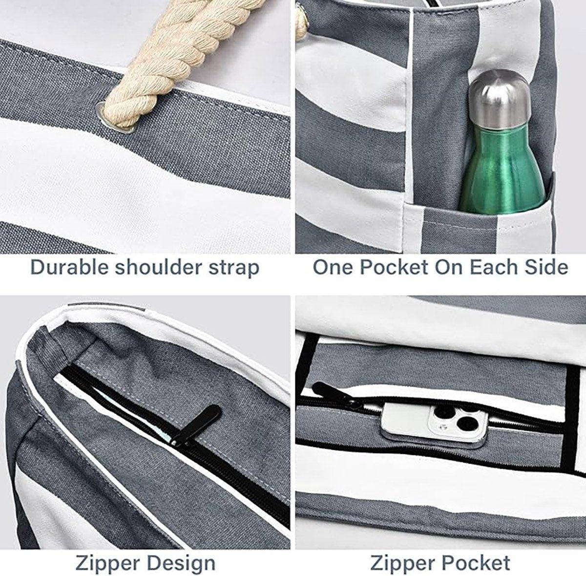 Gift Bags: Large Bohemian Striped Canvas Beach Bag Zipper Tote for Travel Outdoor Vacation - Grey