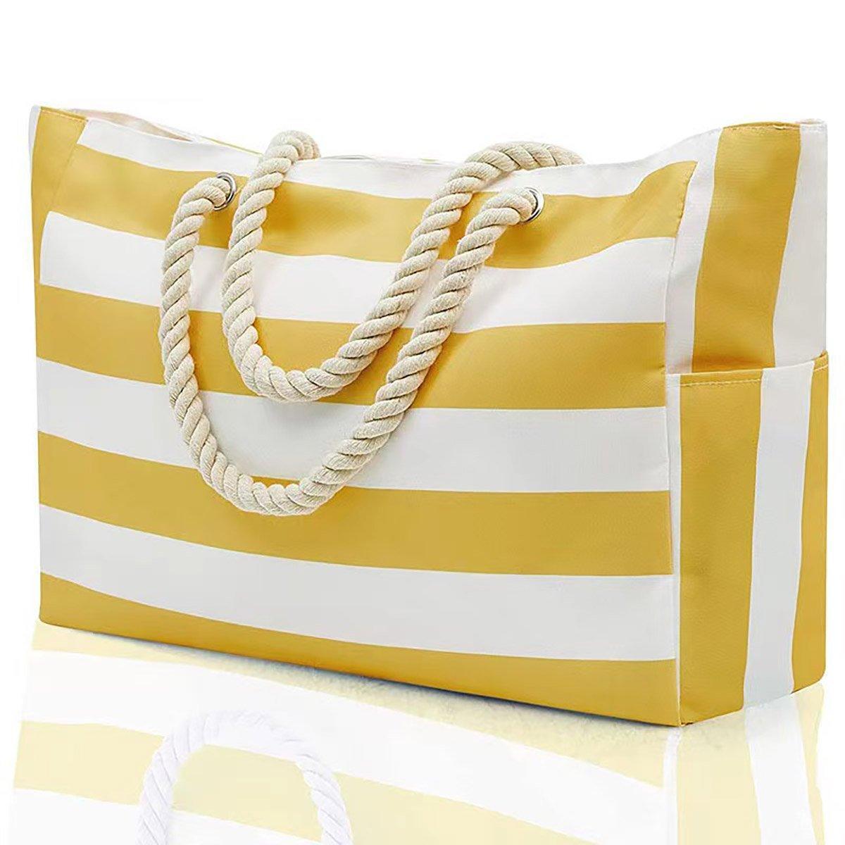 Gift Bags: Large Bohemian Striped Canvas Beach Bag Zipper Tote for Travel Outdoor Vacation - Grey