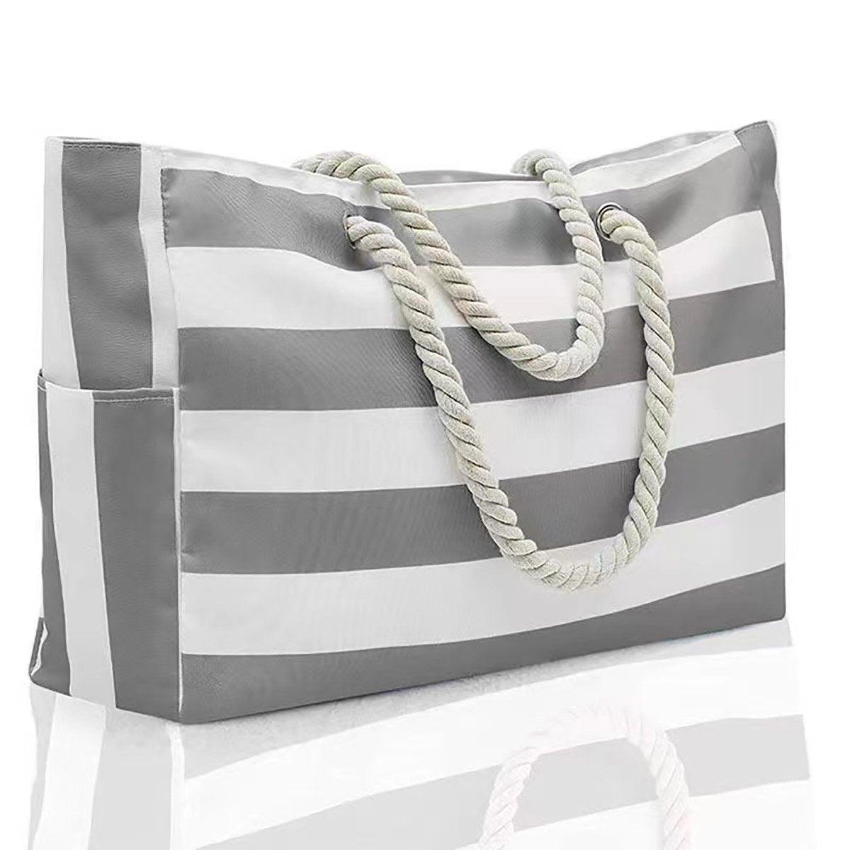 Gift Bags: Large Bohemian Striped Canvas Beach Bag Zipper Tote for Travel Outdoor Vacation - Grey