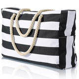 Gift Bags: Large Bohemian Striped Canvas Beach Bag Zipper Tote for Travel Outdoor Vacation - Grey