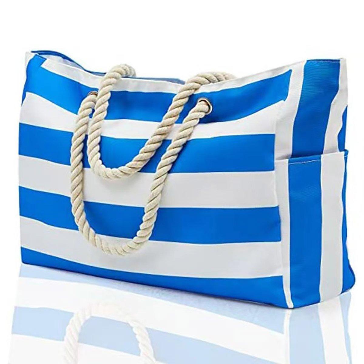 Gift Bags: Large Bohemian Striped Canvas Beach Bag Zipper Tote for Travel Outdoor Vacation - Grey