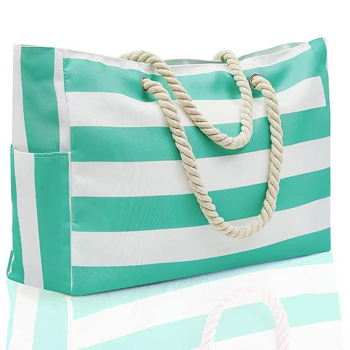 Gift Bags: Large Bohemian Striped Canvas Beach Bag Zipper Tote for Travel Outdoor Vacation - Grey