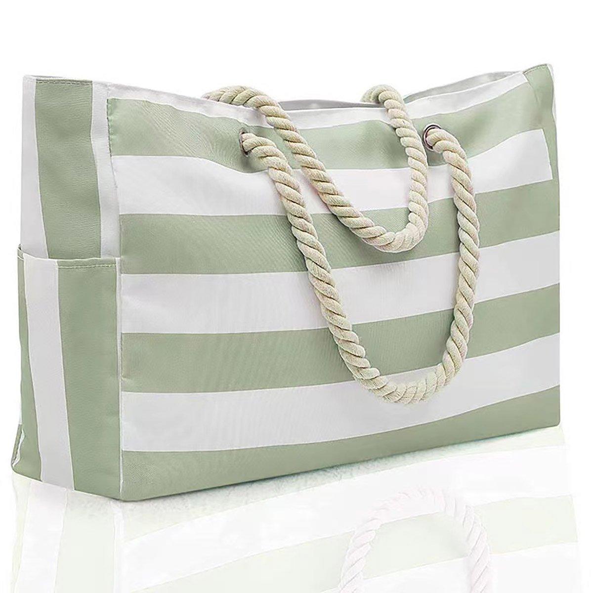 Gift Bags: Large Bohemian Striped Canvas Beach Bag Zipper Tote for Travel Outdoor Vacation - Grey