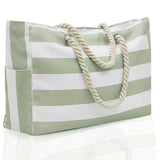Gift Bags: Large Bohemian Striped Canvas Beach Bag Zipper Tote for Travel Outdoor Vacation - Grey