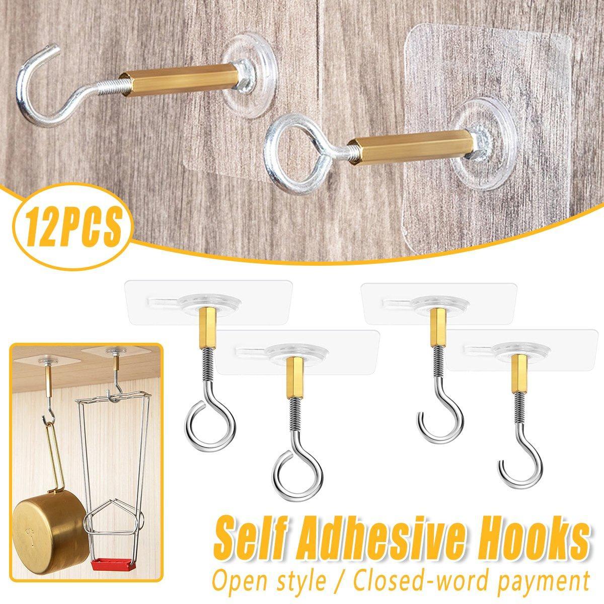 Bathroom Cabinets, Cupboards & Storage: 12 PCS Heavy Duty Self Adhesive Hooks Stainless Steel Ceiling Hooks for Home - Open