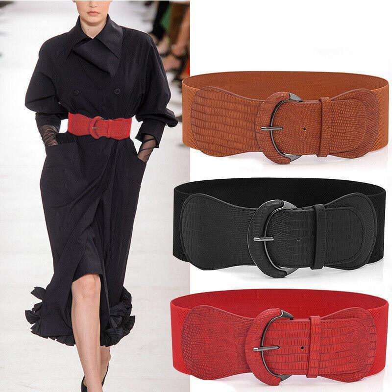 Men's Accessories: Faux Leather Cinch Waist Belt with Buckle for Women Stretch Wide Elastic Dress Belt - Khaki