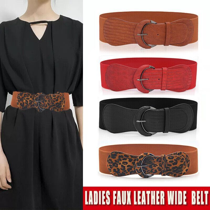 Men's Accessories: Faux Leather Cinch Waist Belt with Buckle for Women Stretch Wide Elastic Dress Belt - Red