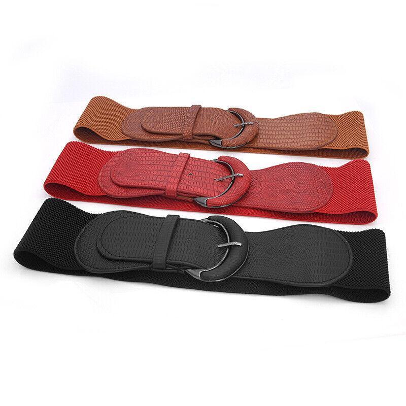 Men's Accessories: Faux Leather Cinch Waist Belt with Buckle for Women Stretch Wide Elastic Dress Belt - Red