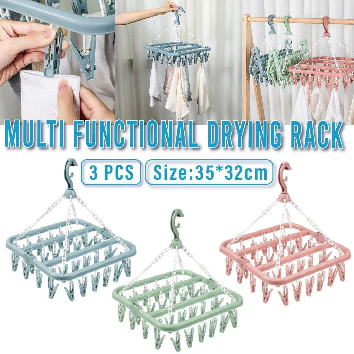 3-Piece Multi-Clip Clothes Drying Rack Pack, Blue, Green and Pink