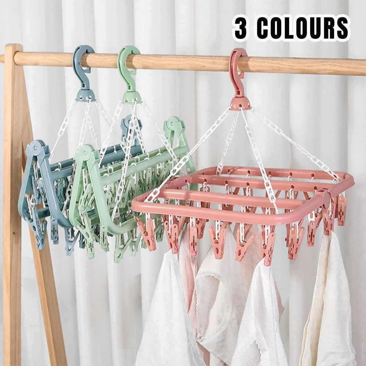 3-Piece Multi-Clip Clothes Drying Rack Pack, Blue, Green and Pink