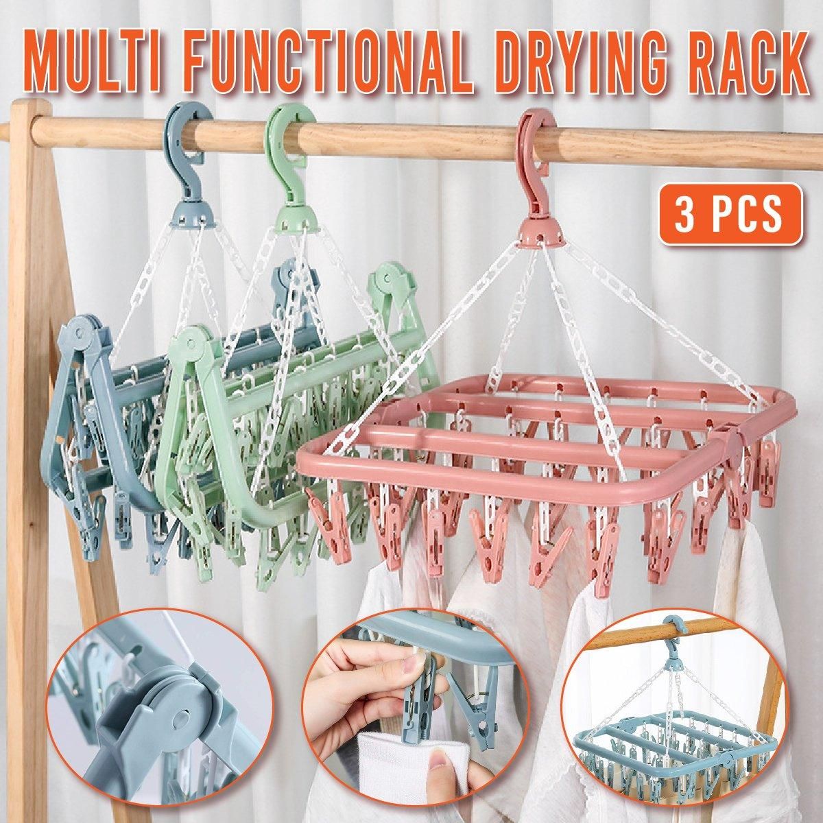 3-Piece Multi-Clip Clothes Drying Rack Pack, Blue, Green and Pink
