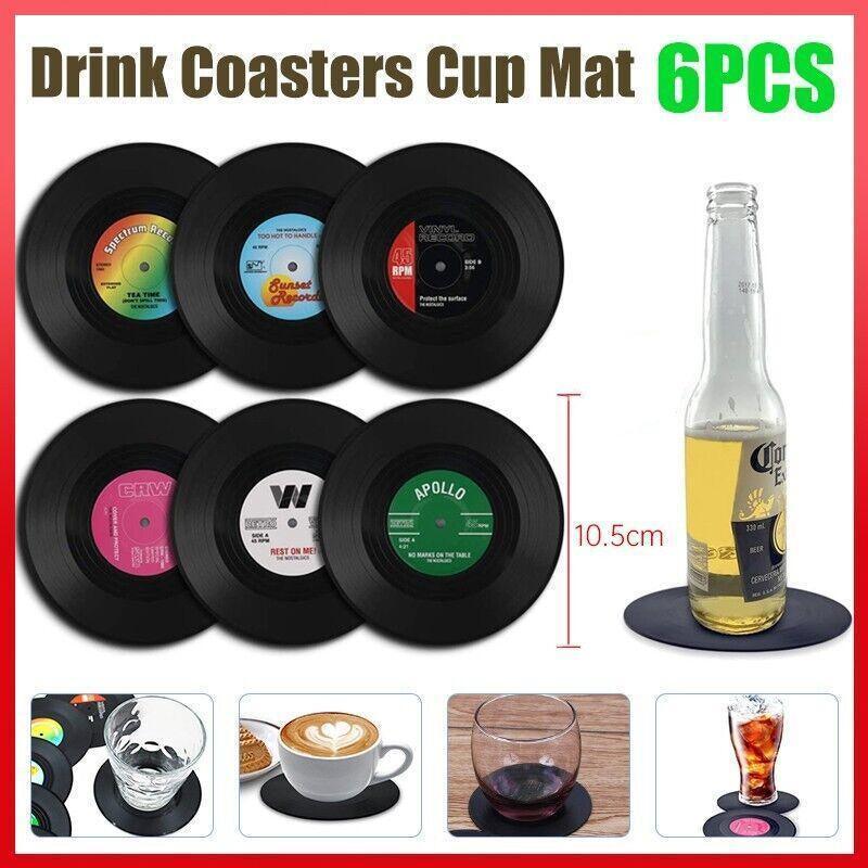 Coasters: 6PCS Retro Vinyl Record Drink Coasters Set - Round ABS Cup Mats for Home or Bar