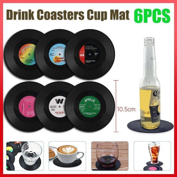 6PCS Retro Vinyl Record Drink Coasters Set - Round ABS Cup Mats for Home or Bar