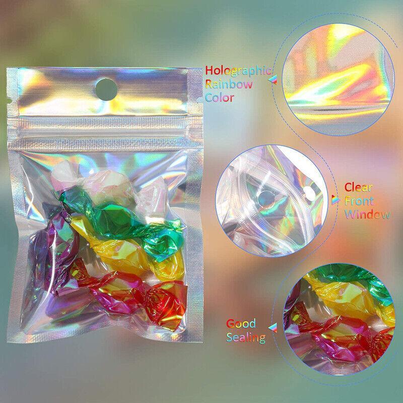 Clothing & Wardrobe Storage: 100/200X Iridescent Zip Bags for Food Storage & Holographic Makeup Pouch - 7*10cm 100PCS