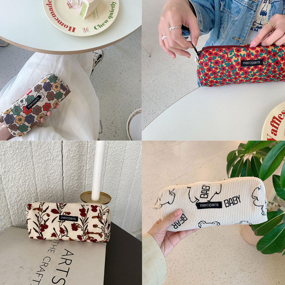 Cosmetic & Toiletry Bags: Large Capacity Pencil Case Organiser Bag Stationery Holder School Travel Pouch - Cartoon Flowers