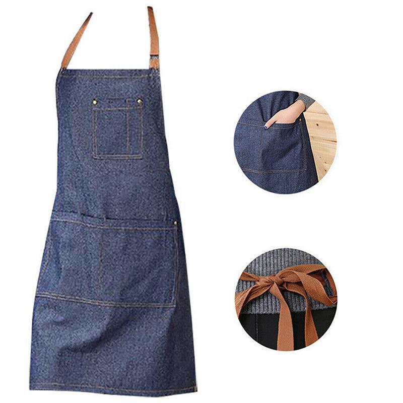 Aprons: Adjustable Denim Apron Pocket Hanging Neck Cooking Kitchen Baking Bar Cafe Chefs