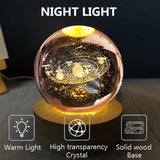 3D Crystal Solar System Ball with LED Light and Wooden Base 80mm Gift Decor
