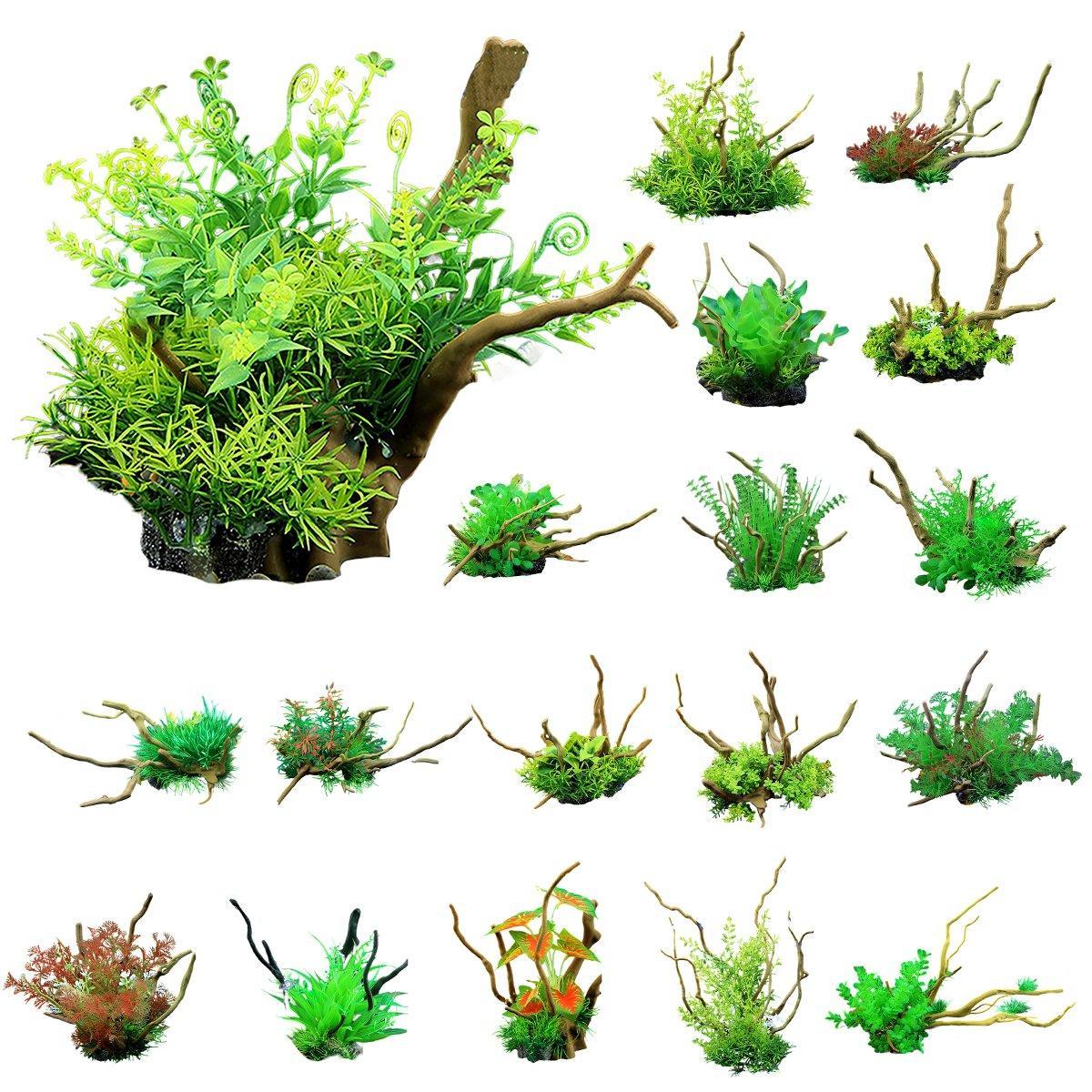 Aquarium Landscaping Decoration Artificial Wood and Plants Fish Tank Ornament - CM1901-Green