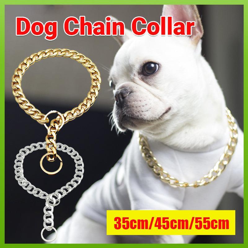 Dog Collars, Leads & Harnesses: Dog Chain Collar Heavy Duty Choker Double Pet Slip Check Twist Link Chrome Chain Gold - 45CM