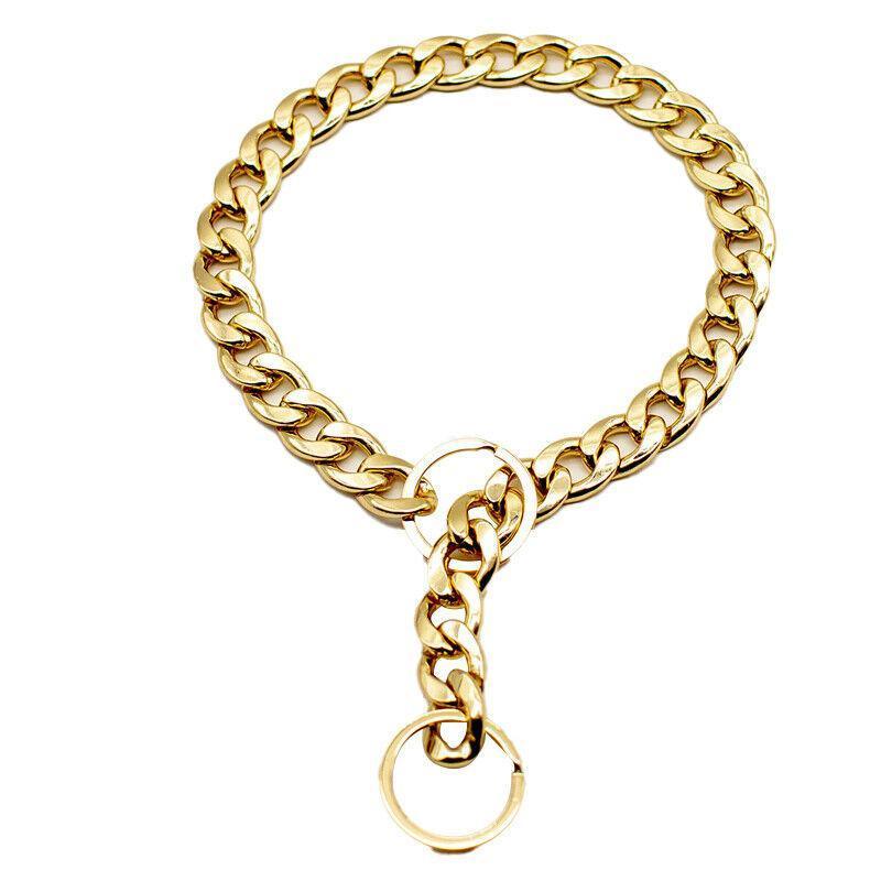 Dog Collars, Leads & Harnesses: Dog Chain Collar Heavy Duty Choker Double Pet Slip Check Twist Link Chrome Chain Gold - 55CM