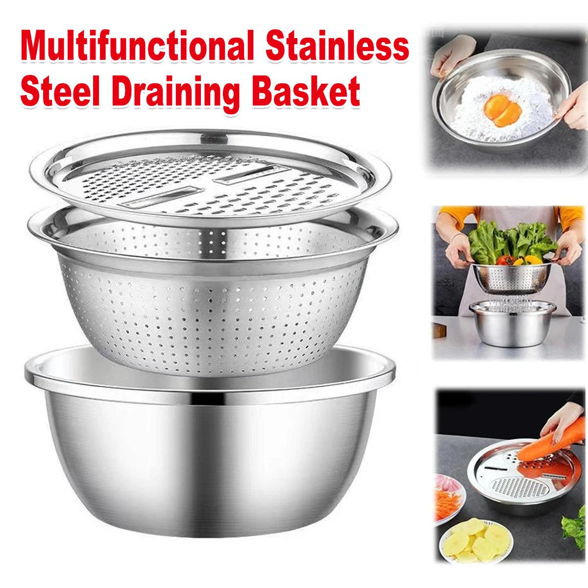 Kitchen Utensils: Multifunctional 201 Stainless Steel Basin 3 in 1 Colanders Basin Mixing Bowl Set