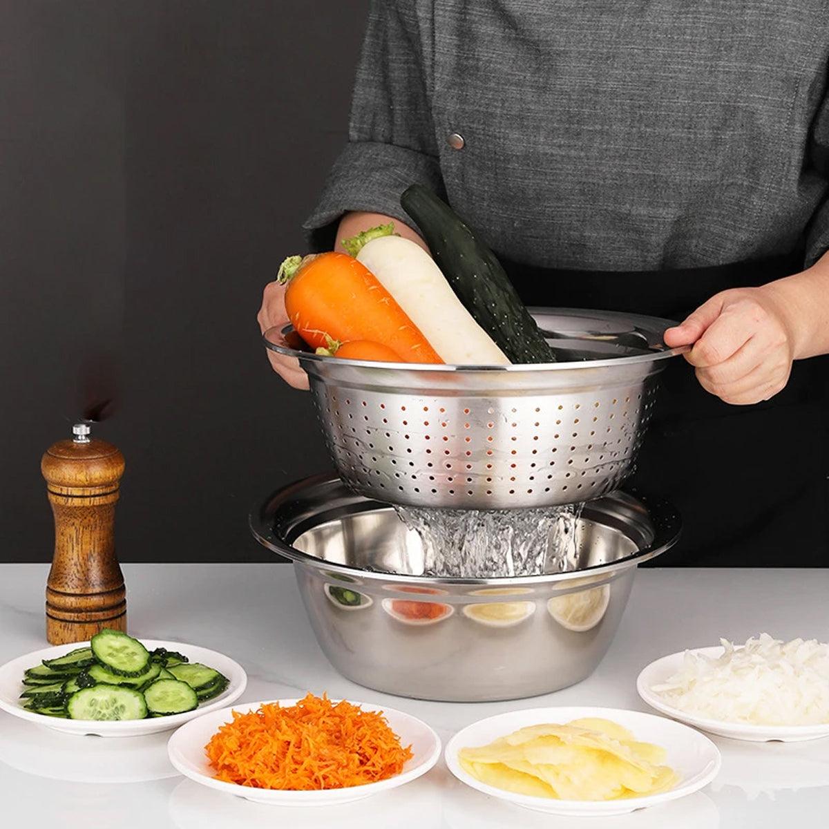 Kitchen Utensils: Multifunctional 201 Stainless Steel Basin 3 in 1 Colanders Basin Mixing Bowl Set