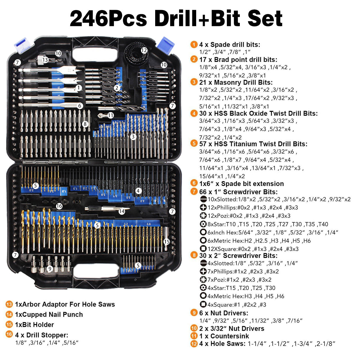 Drill & Screwdriver Accessories: 246pcs Drill Bit Set Hole Opener Drills Kit Metal Wood Plastic DIY Power Tools