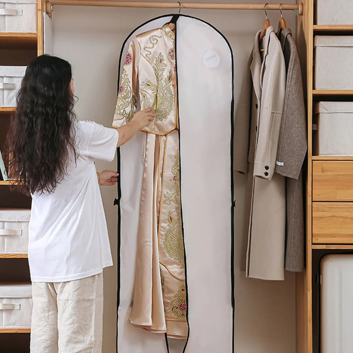 Clothes Dustproof Cover Foldable Moisture-Proof For Household Dress Suit Storage - White