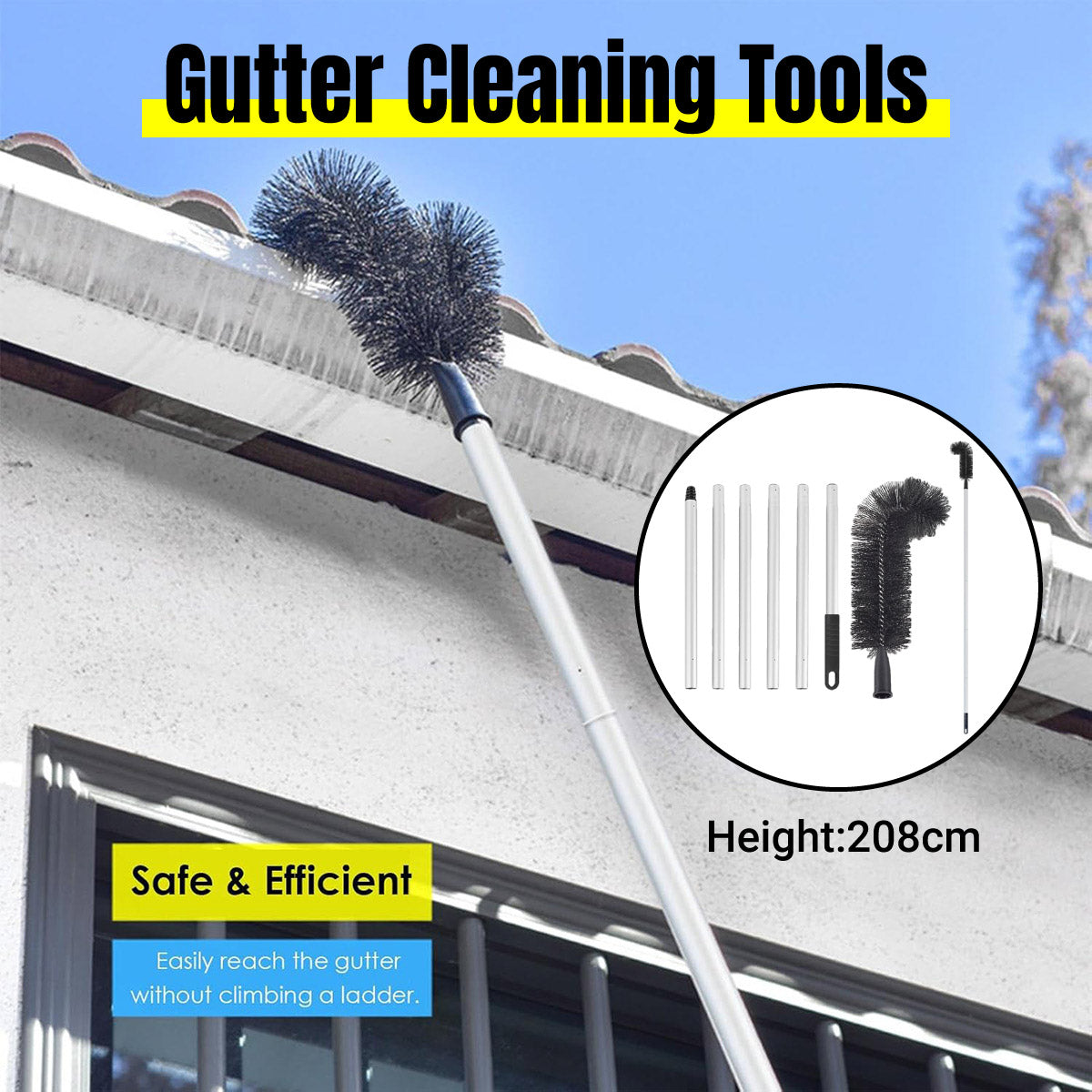Toilet Brushes & Holders: Gutter Cleaning Brush Roofing Tool with Pole 208cm for Long Splicing Gutter