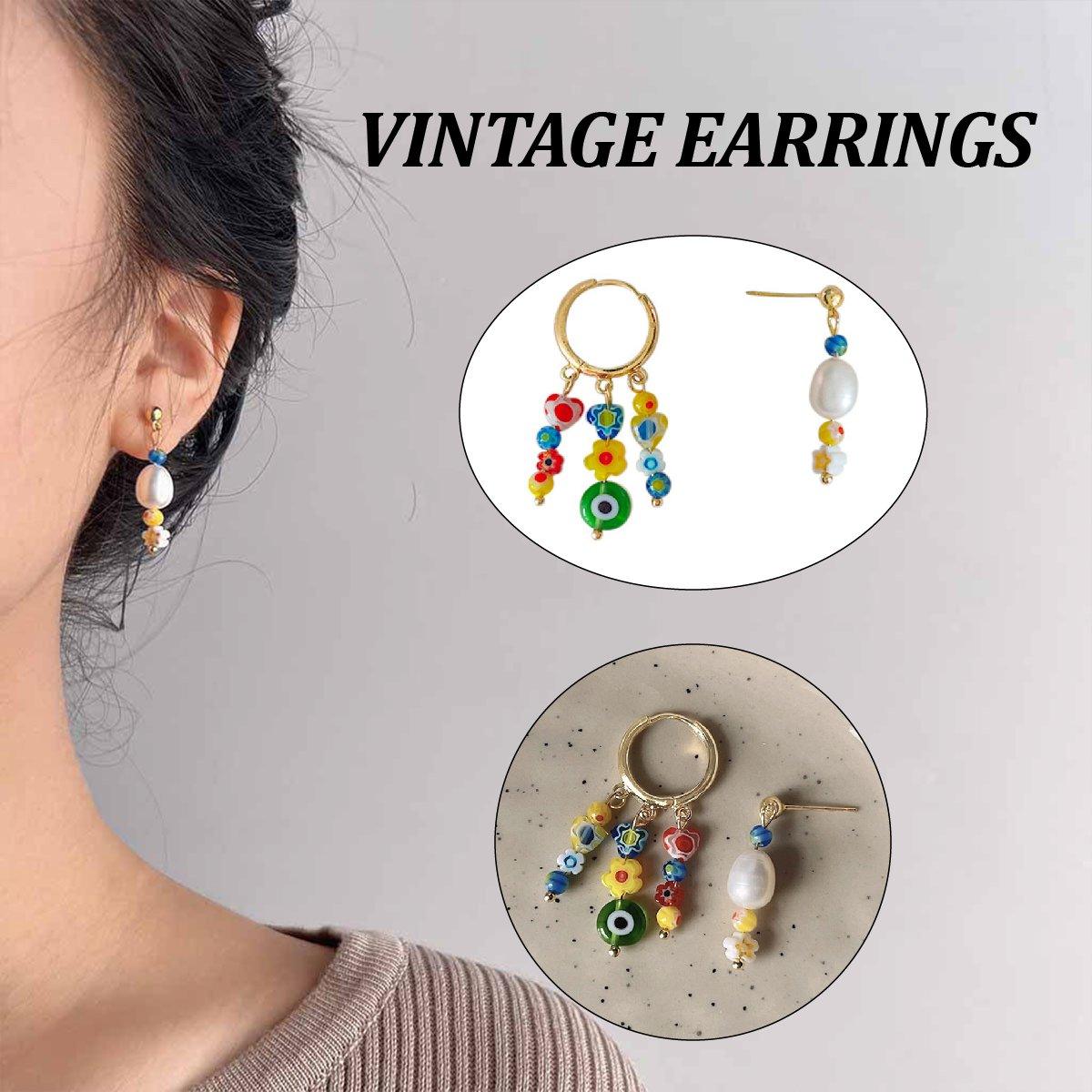 Women's Jewellery: Vintage Asymmetrical Earrings Handmade Floral Glass and Pearl Drop Design for Women