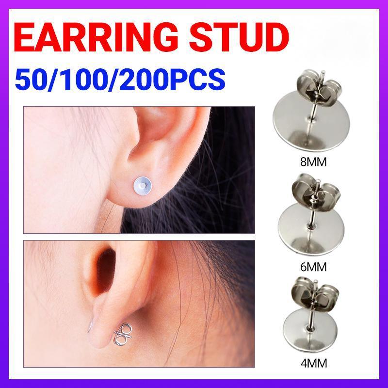 Women's Jewellery: 50/100/200PCS Earring Stud Posts Pads+Nut Backs Silvery Surgical Steel DIY Craft 8MM - 50PCS (50xpads&50xbacks)
