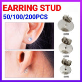 Women's Jewellery: 50/100/200PCS Earring Stud Posts Pads+Nut Backs Silvery Surgical Steel DIY Craft 8MM - 50PCS (50xpads&50xbacks)