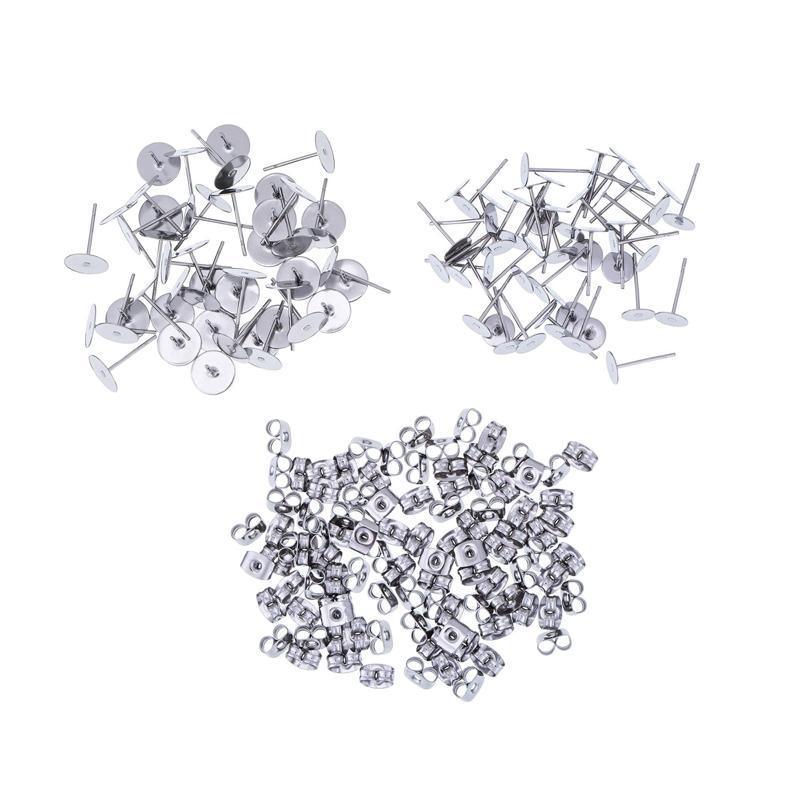 Women's Jewellery: 50/100/200PCS Earring Stud Posts Pads+Nut Backs Silvery Surgical Steel DIY Craft 8MM - 50PCS (50xpads&50xbacks)