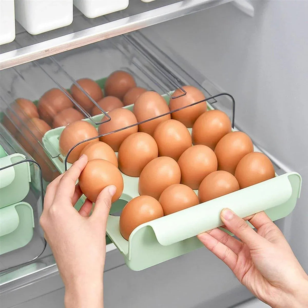 Double Layer Green Egg Storage Carton Drawer Fridge Organizer for Kitchen Use