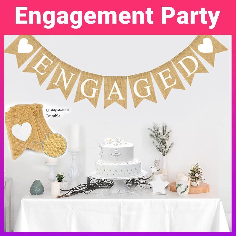 Party Supplies: Engaged Burlap Banner Rustic Hessian Bunting Engagement Party Decor