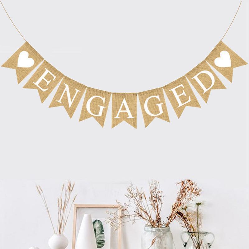 Party Supplies: Engaged Burlap Banner Rustic Hessian Bunting Engagement Party Decor