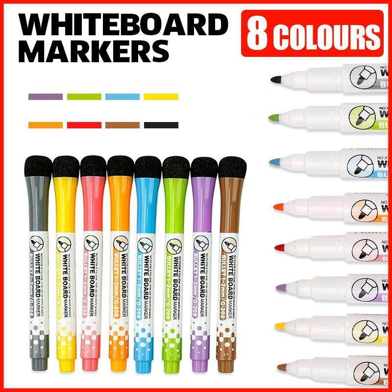 Pens & Pencils: 8 Colours Dry Erase Whiteboard Markers Set with Built-in Eraser Tips