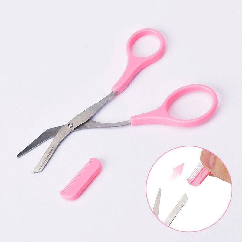 Shaving & Grooming: Eyebrow Scissors with Comb Stainless Steel Makeup Trimmer Beauty Tool 3 Colours - Pink (Eyebrow Razor + Scissor)