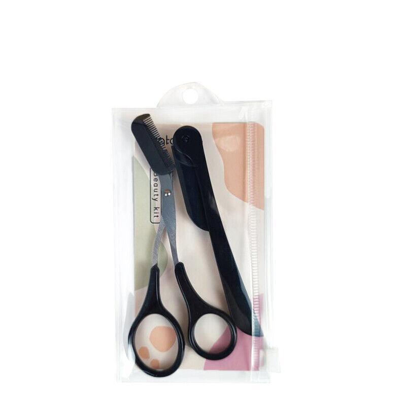 Shaving & Grooming: Eyebrow Scissors with Comb Stainless Steel Makeup Trimmer Beauty Tool 3 Colours - Pink (Eyebrow Razor + Scissor)