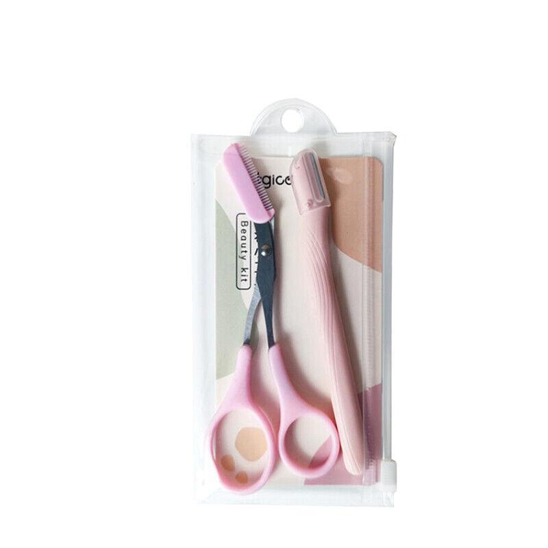 Shaving & Grooming: Eyebrow Scissors with Comb Stainless Steel Makeup Trimmer Beauty Tool 3 Colours - Pink (Eyebrow Razor + Scissor)