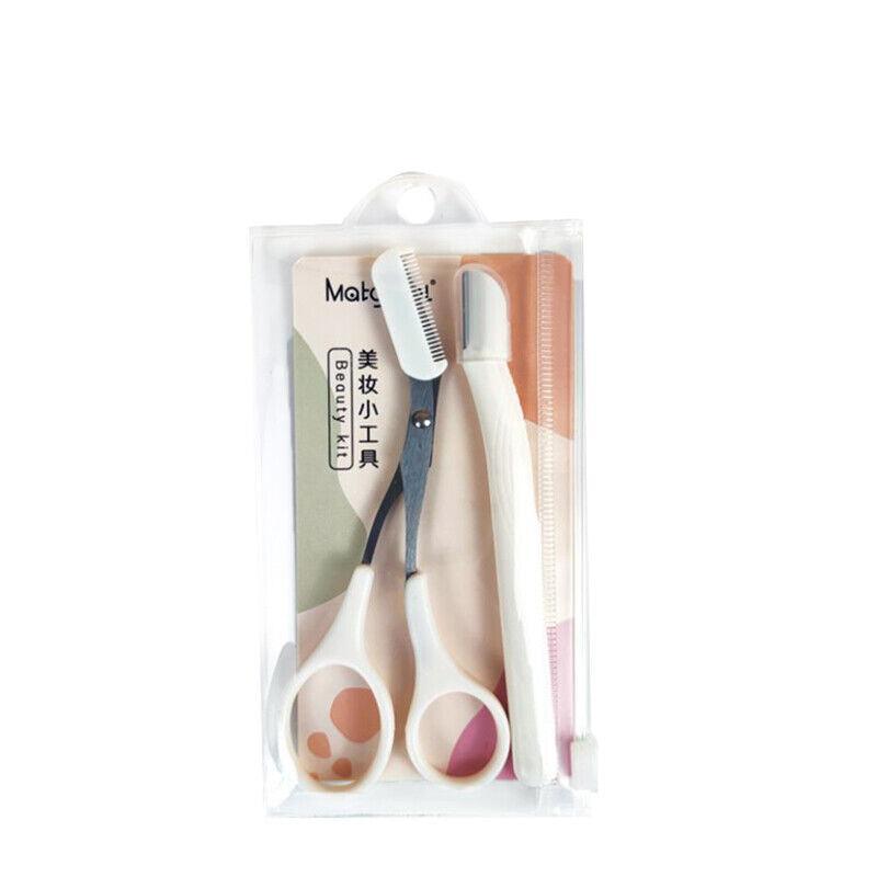 Shaving & Grooming: Eyebrow Scissors with Comb Stainless Steel Makeup Trimmer Beauty Tool 3 Colours - Pink (Eyebrow Razor + Scissor)