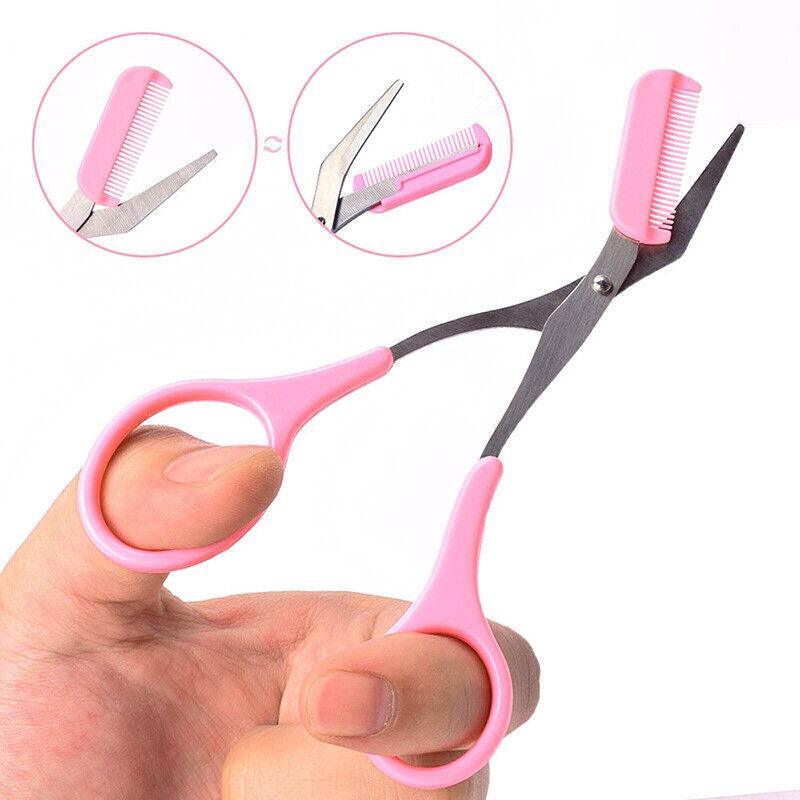 Shaving & Grooming: Eyebrow Scissors with Comb Stainless Steel Makeup Trimmer Beauty Tool 3 Colours - Pink