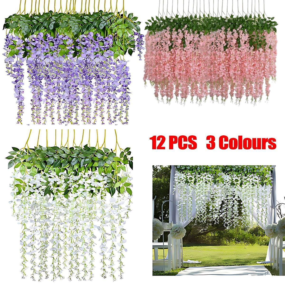 Artificial Flowers & Plants: 12X Artificial Silk Fake Flower Garland Vine Wisteria Leaf Hanging Wedding Decor - White