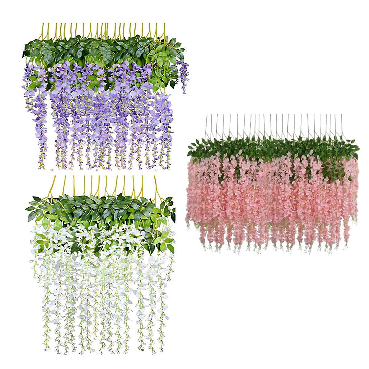 Artificial Flowers & Plants: 12X Artificial Silk Fake Flower Garland Vine Wisteria Leaf Hanging Wedding Decor - White